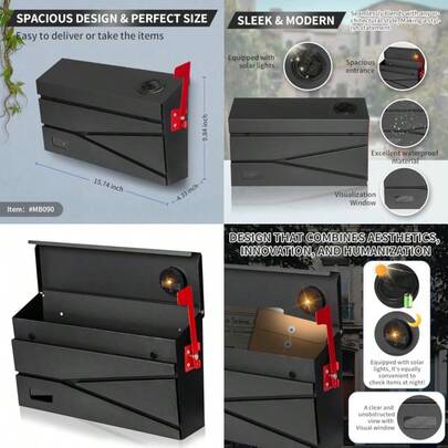 Wall Mount Mailbox Large Capacity Mailbox For House With Flag Visibility Gaanized Steel Rust-Proof Metal Post Drop Box Mailboxes For Outside 15.74*9.84*4.33 Solar Lanterns Black