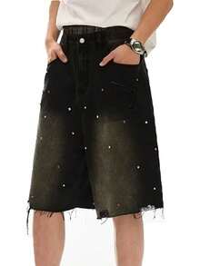 Y2K Baggy Jeans Shorts Wide Leg Washed Shorts Grunge Ripped Bermuda Jorts Hop StreetwearA Valentine's Day WGZU - Classic Black - View 7