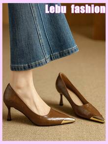 Qiluyuan Women's Fashion Pointed Toe Slip-On Pumps, Sexy High Heels, Metallic Accent, Suitable For Casual, Party, Holiday Occasions, Available In Black, Beige, Brown - Brown - View 2