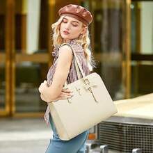 Keyli 4pc Sets Laptop Bag for Women Large Leather Laptop Briefcase with USB Charging Port Computer Shoulder tote Bags Purse - Caqui - Ver 2