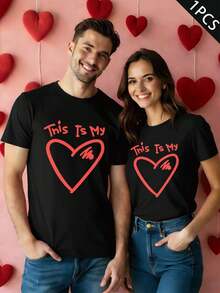 Couple Matching Heart Print TShirt Spring, Premium Cotton, Relaxed Fit, Breathable, Street Hip-Hop, Art Print - MenBlack-1PC - View 2