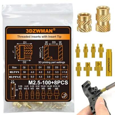 M2.5 Threaded Inserts With M2-M8 Heat Set Insert ToolsBrass Metric Knurled Nuts For 3D Printing Components And Plastic Parts M2.5x4x4-50PCS M2.5x6x4.5-50PCS