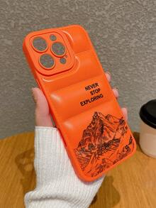 Never Stop Exploring Inspirational Slogan Design, Fashionable Down Jacket Texture Orange Phone Case Compatible With IPhone, Perfect Birthday Or Holiday Gift For Boys And Girls - Orange - View 6