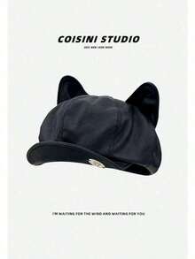 1pc Women's Solid Color PU Cat Ear Shaped Cosplay Beanie Hat, Casual Retro Street Fashion Versatile, Suitable For Outdoor, Skiing, Cycling, Travel, Party, Daily Use, Autumn/Winter - màu đen - Xem 6