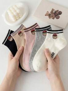 5 Pairs Women's Cute Cartoon Bear Print Socks, Breathable, Versatile Short Socks, Minimalist Japanese Style - Multicolor - View 9
