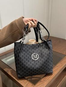 1pc Women's Fashion Commuter Letter Print Shoulder Bag, Portable Versatile Large Capacity Tote Bag, Suitable For Dates, Shopping, Gifts, Work - Black - View 4