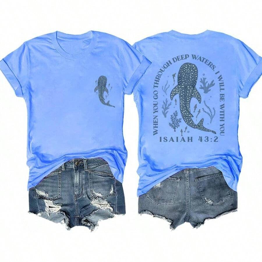 Cute Shark Shirt Whale Shark Christian Summer Shirt Ocean Fish Animal Lover Marine Life Women's Top - 藍(Carolina) - 查看 1
