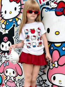[SanrioAuthorized] Girls' Clothes Summer Casual Short Sleeve-KT- Printed Design Crew Neck T-Shirt, Girls' Jumper, 180g Polyester Soft Fabric, Local Warehouse, Suitable For Children's Return To School, Parties, Outdoors, Tourism - 白色 - 查看 1