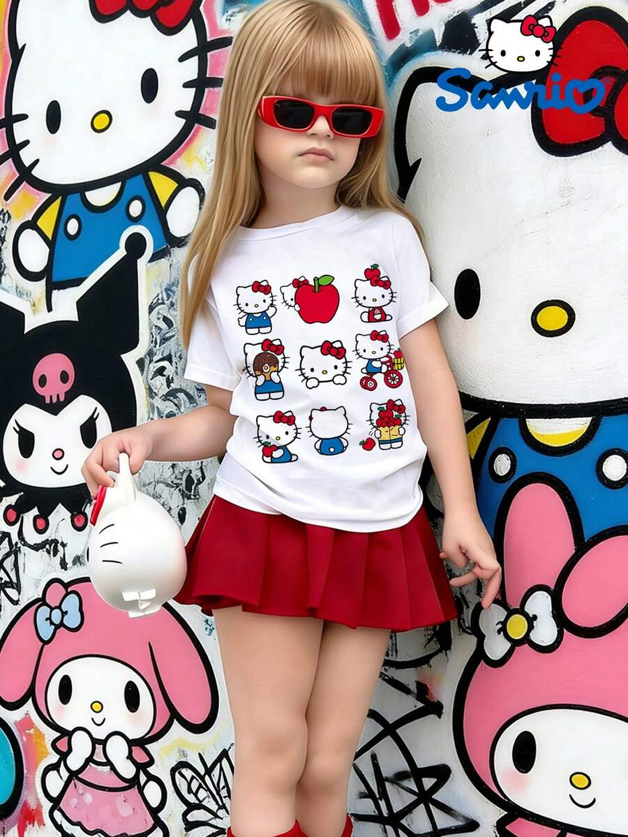 [SanrioAuthorized] Girls' Clothes Summer Casual Short Sleeve-KT- Printed Design Crew Neck T-Shirt, Girls' Jumper, 180g Polyester Soft Fabric, Local Warehouse, Suitable For Children's Return To School, Parties, Outdoors, Tourism - 白色 - 查看 1