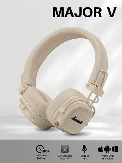 Marshall Major V 头戴式无线耳机，100 小时超长续航，蓝牙 5.2，升级版经典摇滚设计，可折叠，记忆海绵耳罩，有线/无线双模，多点连接，适合旅行通勤音乐