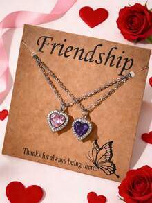 两件套时尚心形金属镶嵌水晶锆石钻石吊坠项链套装，男女皆宜，情人节、送给爱人、朋友的礼物 - 彩色 - 查看 19