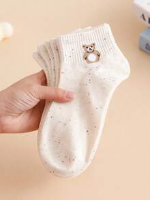 5双装女士波点网眼可爱卡通动物印花休闲短袜，米色，适合春夏穿着