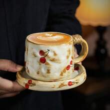 樱桃图案陶瓷咖啡杯碟套装，高品质早餐杯，茶杯碟套装 - 彩色 - 查看 8