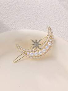 Pendientes de clip minimalistas con strass en forma de estrella, perla y luna, de aleación de zinc brillante, pasador de pelo, pinzas para el cabello - Multicolor - Ver 5
