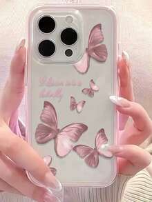 1pc Fashionable Pink Butterfly & English Text Pattern Personalized Frame Transparent Shockproof TPU Phone Case Compatible With IPhone 11 12 13 14 15 16 17 Pro Max - Multicolor - View 4
