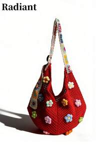 Borsa a tracolla estiva in paglia casual, borsa shopping da donna con grande capacità - Rosso - Visualizzare 13