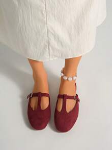 Giày sandal nữ thời trang mùa hè, quai da lộn, kiểu dáng retro, đế bằng, xỏ chân, hở gót, giày casual. - Màu Đỏ Sâu - Xem 2