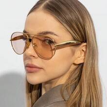 1 par de gafas de moda de metal con doble puente y marco grande, gafas de ojo de sapo, gafas de moda retro de alta gama y versátiles, adecuadas para uso diario, fotografía callejera, vacaciones, playa y otras ocasiones. Accesorio ideal para vacaciones de verano en la playa, actividades al aire viajes. Estilo retro con montura oversize de aviador, adecuado para atuendos y de vuelta a la escuela. - Champán - Ver 3