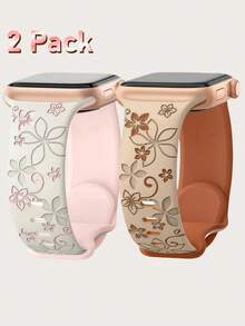 2条装花卉雕刻表带，兼容表带41mm 40mm 44mm 45mm 42mm 46mm 38mm 49mm，女士款，可爱紫荆花图案，柔软硅胶运动表带，兼容 Series SE 11 10 9 8 7 6 5 4 3 2 1 Ultra 3 2 - 星光/粉+奶茶/棕 - 查看 13