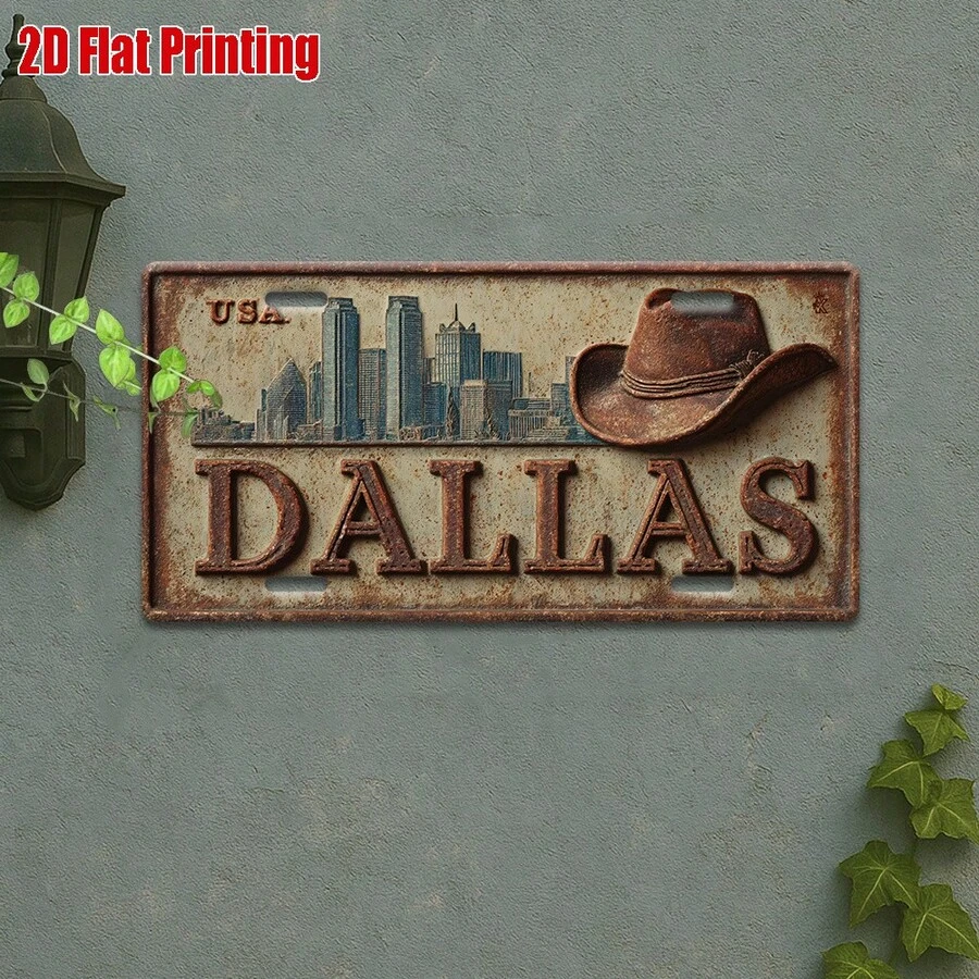 2D Flat - 1 Retro Metal Dallas City Skyline Sign |   2D Flat Print, Aluminum Outdoor Wall Art, 12" * 6", Perfect For Living Room, Office, Bar Decoration, Gift For Urban Explorers And USA Enthusiasts CP - A - View 1