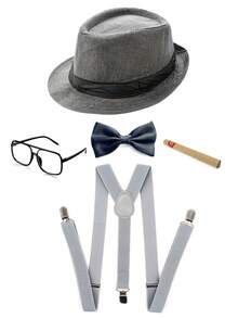 5件套 D EXCEED 1920年代男士黑帮角色扮演服装配饰套装，包括软呢帽、道具眼镜、预系领结和背带 - 适用于派对、化装舞会、复古派对和黑帮角色扮演服装