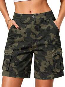 ELLEVEN Bermuda Cargo Shorts Women, Elastic High Waist 6 Pockets Shorts Inch Inseam Summer Jorts Women CasualA Valentine's Day 4RIF - 迷彩 - 查看 7
