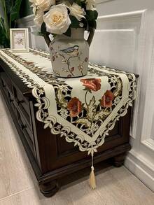 1pc Floral Embroidery Hollow-Out Table Runner, Romantic & Lively Polyester Embroidered Handmade Hollow-Out Dust & Heat Resistant Table Runner, Suitable For Dining Table, Coffee Table, Sideboard, TV Cabinet, Daily Decoration, Wedding & Holiday Party - Rust Red - View 11