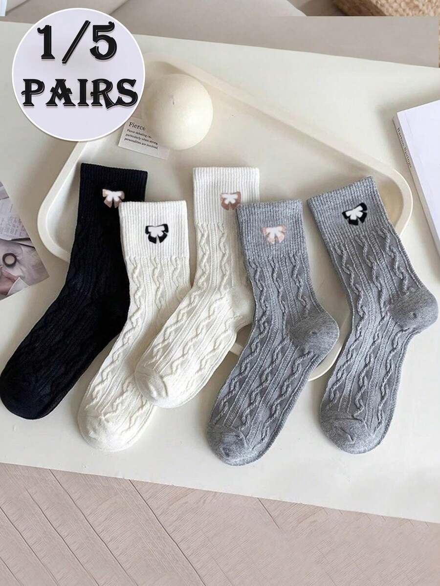 1/5 Pair Women Cute Bow Tie Mid-Calf Socks, Minimalist Japanese Style Twist Pattern Ins Preppy Style Ladies Socks - Multicolor - View 1
