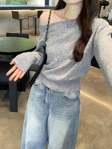 女士柔软不对称单肩针织毛衣，百搭修身款上衣，秋冬款 - 灰色 - 查看 3
