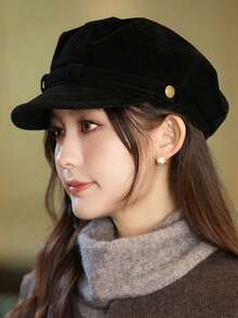 New Beret Hat, Autumn/Winter  Vintage Navy Style Hat, High-Quality Flat  Newsboy Cap, Women's Korean Versatile Solid Color Polyester Hat, Suitable Autumn/Winter Season - 有 - 查看 4