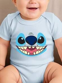 Disney Baby Clothing, Newborn  - Unisex - Disney Stitch Creative Cartoon Print - Crawling And Toddling Stage Set - Summer Outdoor Casual Crewneck Crawling Coverall With Triangle Hem Design - Summer Essential Item - Fun-Filled - Adorably Cute - Perfect Holiday Gift For Infants And Toddlers - Baby Blue - View 1