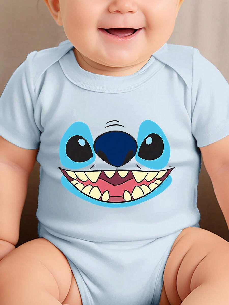 Disney Baby Clothing, Newborn - Unisex - Disney Stitch Creative Cartoon Print - Crawling And Toddling Stage Set - Summer Outdoor Casual Crewneck Crawling Coverall With Triangle Hem Design - Summer Essential Item - Fun-Filled - Adorably Cute - Perfect Holiday Gift For Infants And Toddlers - Baby Blue - View 1