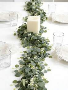 1PC 68.89in Artificial Eucalyptus Vine With White Flowers, Silver Dollar Eucalyptus Leaf Starry Sky Flower Wreath, Artificial Green Leaf Vine, Suitable For Couple Dating, Home Decoration, Courtyard Doorways, Annual Festivals, Wedding Background, Party Walls, Fireplace Shelves, Green Hanging Vine Decoration - Green - View 2