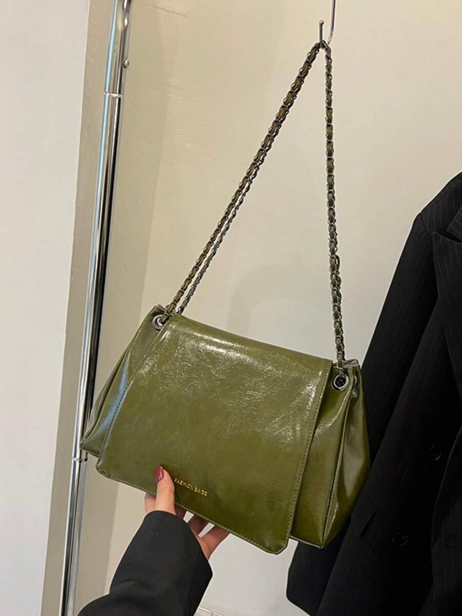 Women's Fashion Solid Color Chain Minimalist Tote Bag, Suitable For Daily Commute, Travel, Shopping - Olive Green - View 1