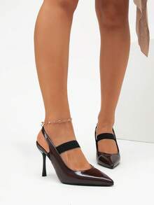 酒红色漆皮尖头露跟细高跟鞋，配有弹性踝带 - 适合办公室商务会议和晚宴约会的时尚亮面正装鞋 - 酒紅色 - 查看 3