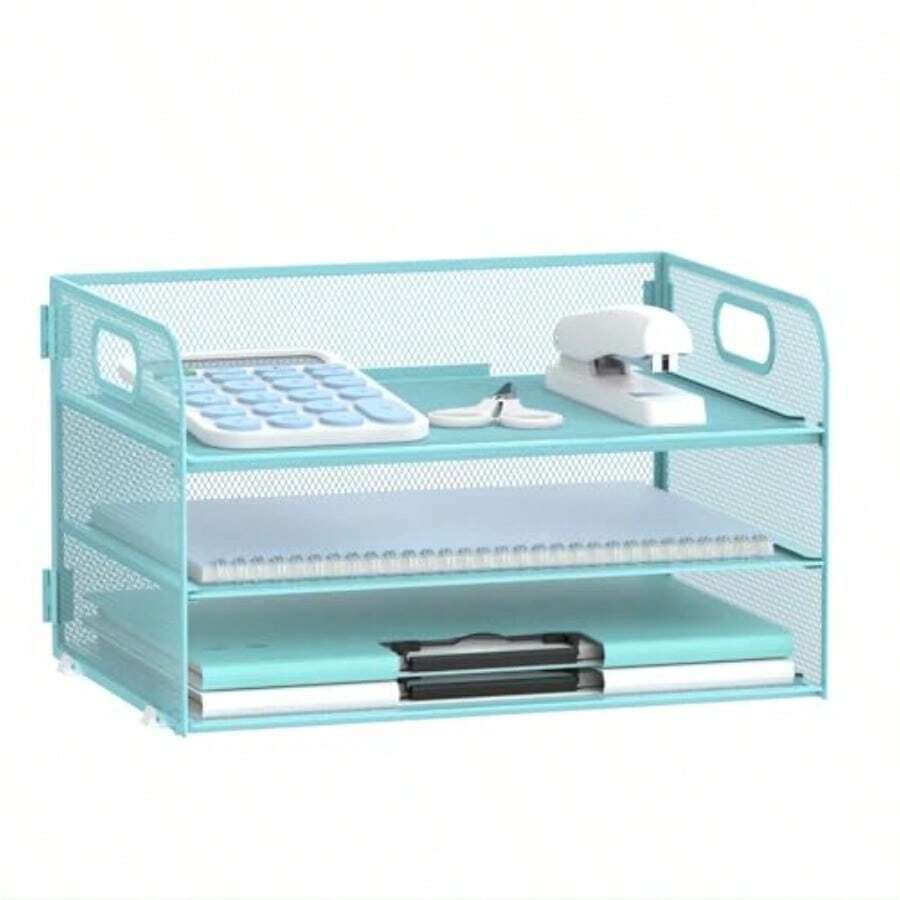 Supeasy Organizador de papel de 3 niveles con asa organizador de computadora de malla bandeja de papel organizador de archivos para carpeta de archivos A4 azul - Azul - Ver 1