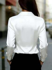 Women's Satin Long Sleeve Collared Shirt, Elegant Polyester Blouse Top - White - View 3