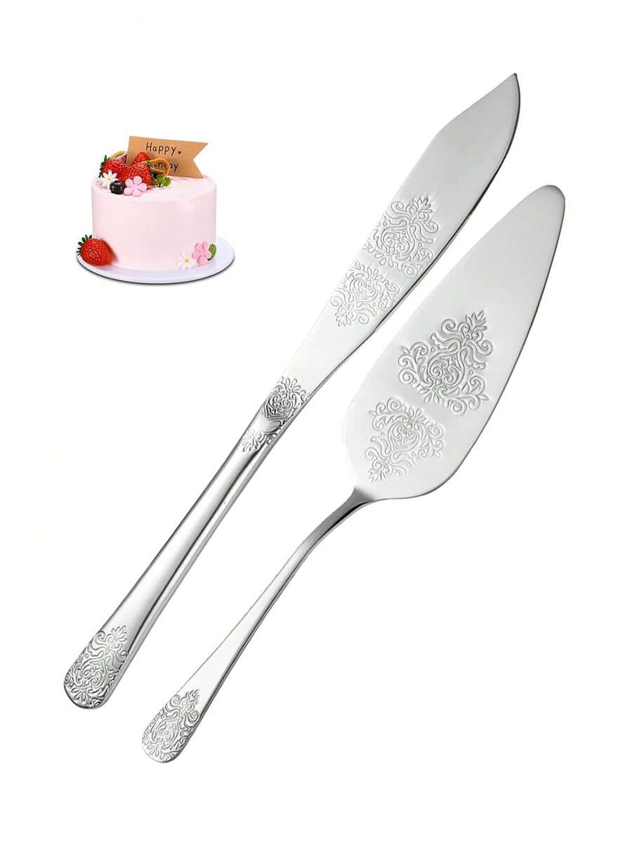 2件套婚礼蛋糕刀叉套装，不锈钢蛋糕切割套装，适用于婚礼、生日、周年纪念日 - 彩色 - 查看 1
