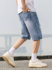 Teenage Boys' Casual Campus Fashion Straight Leg Denim Shorts, Versatile Streetwear - Light Wash - View 7