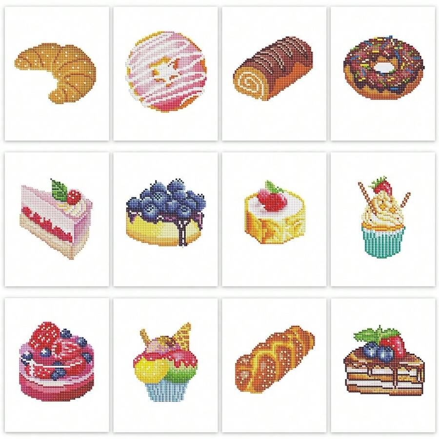 12 Pcs Small Diamond Art Kits, Cake Mini Diamond Painting Kits For Adults Beginners, 5D DIY Square Drill Diamond Dots, Quickly Finishable Mini Gem Art For Home Wall Desktop Decor, 6X7in - FD025 - 查看 1