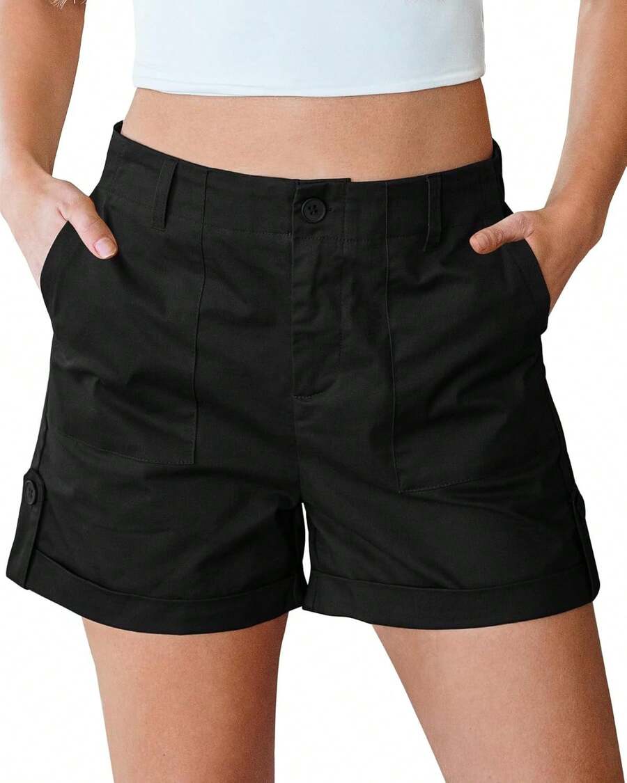Shorts Women High Waisted Dressy Casual Summer Elastic Waist Comfy Rolled Hem Stretch Twill Pocket ShortsA Valentine's Day GQEL - 黑色 - 查看 1