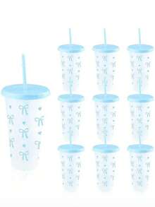 1pc/5pcs Set, Large Capacity Reusable 700ml Plastic Cup With Lid And Straw, Bow Pattern, Summer Juice Cup, Suitable For Parties, Weddings, Events And Holidays, Great For Gift-Giving - Multicolor - View 10