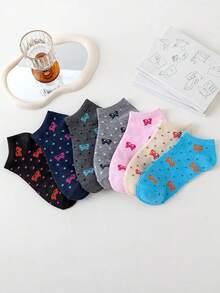 7 pares de calcetines cortos para mujer, con diseño de lazo, transpirables y absorbentes, de estilo versátil para el colegio - Multicolor - Ver 2