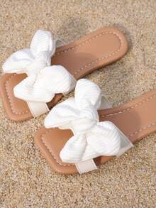 儿童时尚拖鞋，女童蝴蝶结装饰夏季中童及大童公主风平底休闲套脚拖鞋，防滑 - 白色 - 查看 5