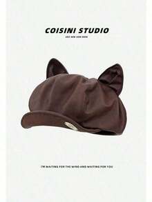 1pc Women's Solid Color PU Cat Ear Shaped Cosplay Beanie Hat, Casual Retro Street Fashion Versatile, Suitable For Outdoor, Skiing, Cycling, Travel, Party, Daily Use, Autumn/Winter - màu đen - Xem 7