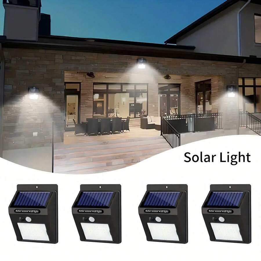 Solar Outdoor Light -4-Piece Set With Motion Sensor, Safety Light Belt, 3 Lighting Modes, Wireless Solar Powered Wall Light Suitable For Garden Fences, Courtyard Deck, Garage - màu đen - Xem 1