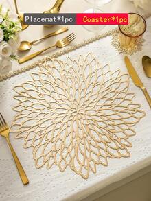 12pcs Gold Flower 15-Inch Round Placemats, PVC, 3.94-Inch Round Hollow Flower Coasters, Washable, Easy Clean, Wipe-Clean, Non-Slip, Heat-Resistant, Suitable For Room Decor, Dining Table Decor, Home Decor, Holidays, Parties, Birthdays, Weddings And Dinners - Multicolor - View 30