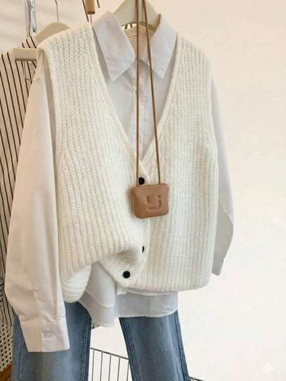 Plus Size Women Thick Knit Sweater Vest For Autumn/Winter. This Sweater Features A V-Neck Sleeveless Design For Comfortable Wear. The Casual Layered Look Is Suitable For Daily Outings, Vacations, And Dates.