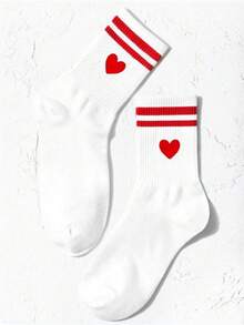 1 Pair Women's Heart & Barbell Print Athletic Mid-Calf Socks, Suitable For Valentine's Day - Multicolor - View 4