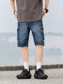 Teenage Boys' Casual Campus Fashion Straight Leg Denim Shorts, Versatile Streetwear - Medium Wash - View 3